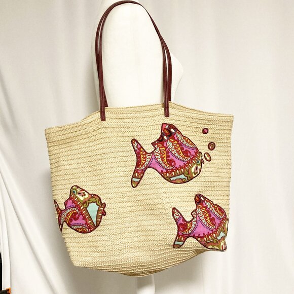 Vera Bradley Resort Medallion Seashore Beach Tote Fish Straw Faux Leather Trim - Picture 1 of 11